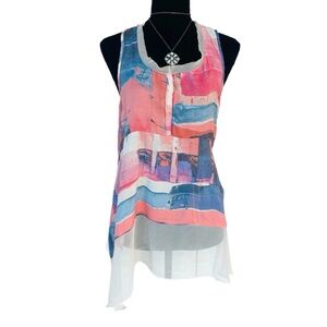 #44 SIMPLY VERA VERA WANG ~ Pink and Blue Sleeveless Blouse w/Chiffon Detail